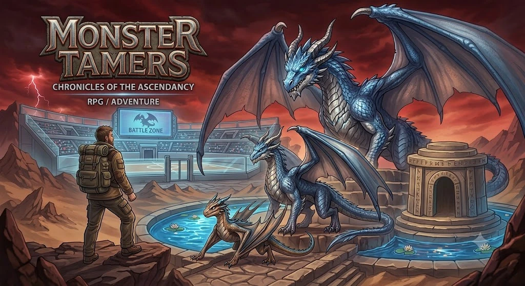 Originales Monster-Tamers-Titelbild mit einer Drachenfamilie und einer Abenteuerwelt