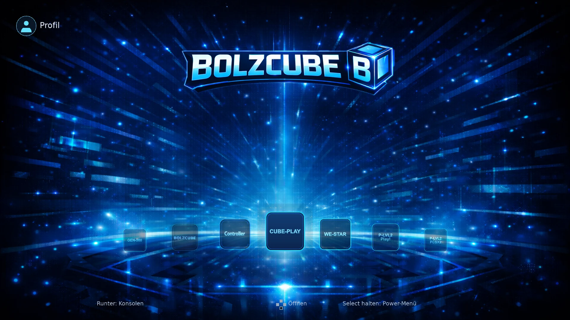 BOLZCUBE-Hauptmenü mit auswählbaren Spielewelten