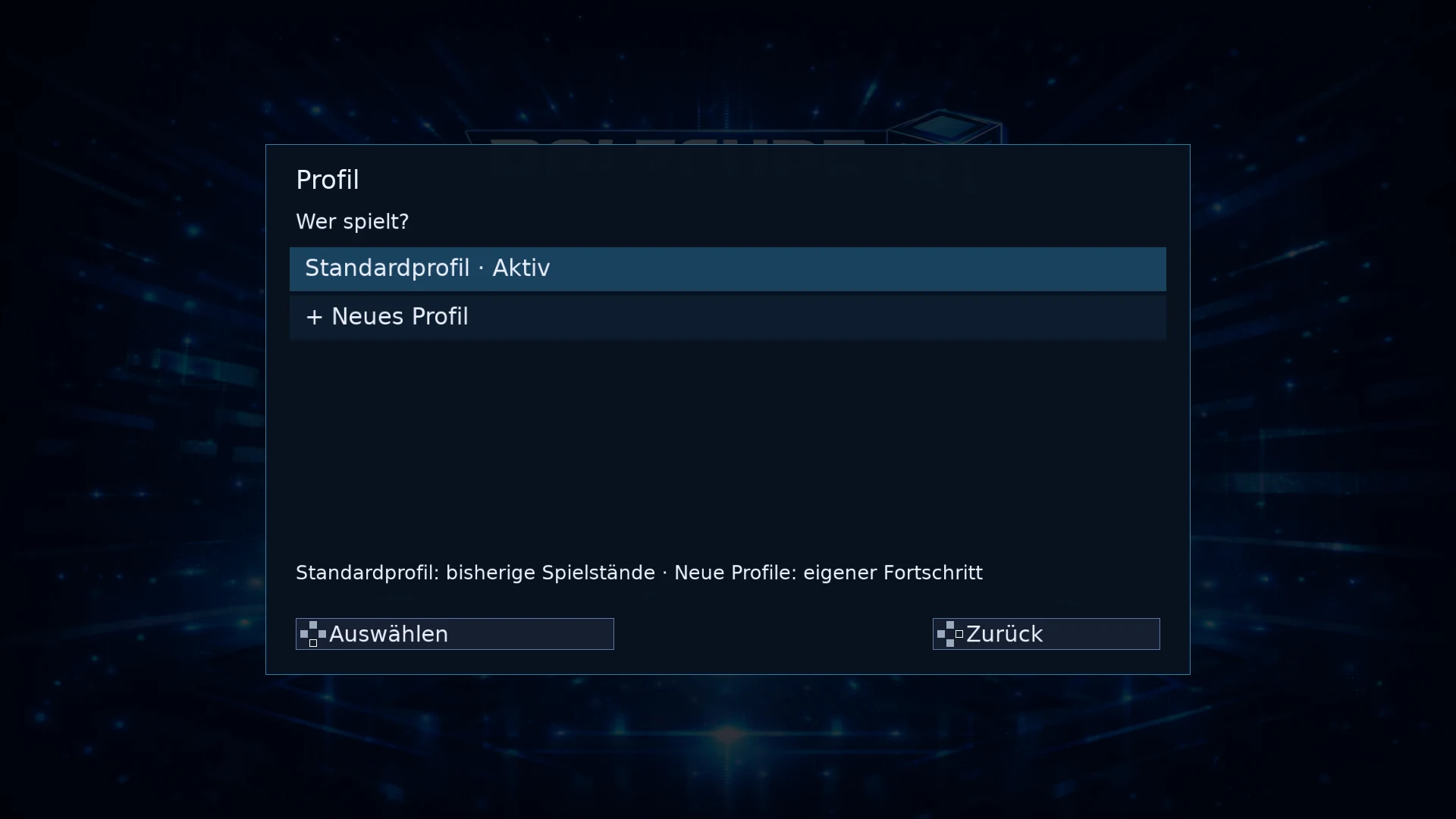 Profil-Menü mit Standardprofil und Auswahl für ein neues Profil